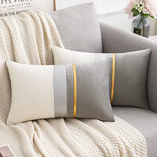 Kissenbuzug Grau Weiß Gold Streifen Quadratishe Moderner Eleganter Dekokissenbezug Weicher Samt Einfacher MOderner Dekokissen Jahreszeiten für Bett,Sofa,Auto,Couch,Wohnzimmer,30 * 50cm