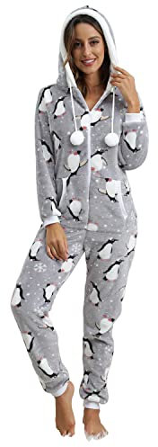 QIYUANT Damen Pyjama Jumpsuit Reißverschluss Flanell Overall Erwachsene Einteiler Frühling Winter Herbst Gemütlich Thermo Nachtwäsche Homewear Onesie Strampelanzug Schlafanzug Hellgrauer Pinguin S