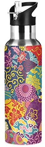 KAAVIYO Fleur De La Culture De l'art Japonais Bouteille d'eau Isotherme avec Paille en Acier Inoxydable Gourde 600ML Water Bottle pour Sport Randonnée