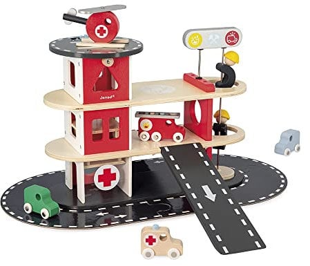 Janod - Caserne de Pompiers en Bois Bolid - 5 Véhicules Inclus - Imagination et Motricité Fine - Certifié FSC - Peinture à l'Eau - Dès 2 Ans, J04639