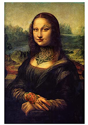 Lustige Kunst Tätowierte Mona Lisa Leinwand Gemälde Böses Mädchen Wandkunst Poster und Drucke Da Vinci Berühmte Gemälde Für Wohnkultur 70x120cm(28x47in) Rahmenlos