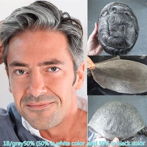 Toupet für Männer mit 100 % europäischem Echthaar, 25,4 x 20,3 cm, ultradünnes Haar, für Herren, 0,06 mm, Toupet Haare mit 40 % graues Kunsthaar))