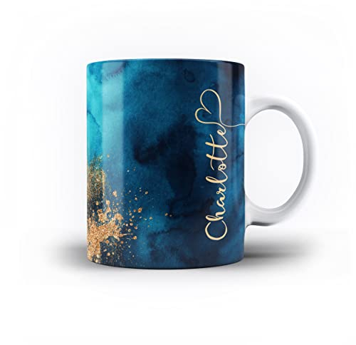iCaseDesigner Personalised Agate Watercolour Marble Name with Heart 11oz Ceramic Mug - 10. Cyan Blue Vertical Name