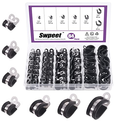 Swpeet 84 fascette stringitubo in acciaio inox 304, 8 pezzi, 7 misure da 1/4 '' 5/8 '' 3/4'' 1 imbottito in gomma 304 in acciaio inox 304, perfetto per contenere tubi, tubi, cavi