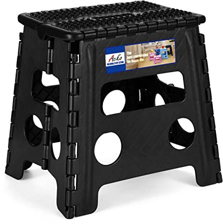 ACKO Sgabello pieghevole, altezza 33 cm, sgabello pieghevole di alta qualità, resistente, per adulti e bambini, in plastica, piccolo sgabello pieghevole da cucina, supporta fino a 136 kg, nero a pois