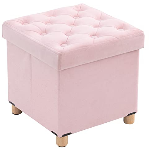 BRIAN & DANY Folding Storage Ottoman with Wood Legs, Velvet Footstools Cube for Living Room and Bedroom, 40x 40x 40 cm, Pink
