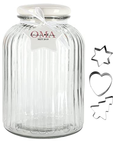 Herz & Heim® Keksdose aus Glas mit personalisiertem Anhänger in Sternform und 3 Ausstechformen (Oma seit)