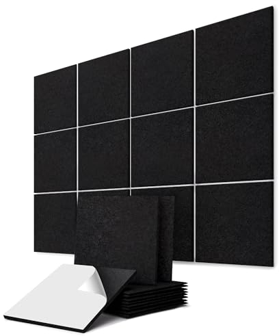 vilz 12 Stück Akustik Panel aus recyceltem Filz - Schalldämmer Quadrate 250x250x9 mm Farbe Schwarz für Tonstudio, Streaming, Gaming