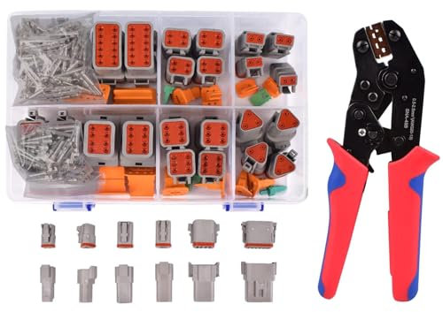 Amliber Kit di 174 connettori DT con crimpatrice a cricchetto per connettori Deutsch, 2 3 4 6 8 12 connettori elettrici automobilistici con contatti stampati di dimensioni 16 impermeabili IP68
