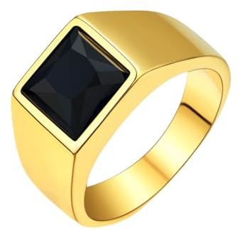 U7 Ring mit Schwarzem Stein Herren Ring Edelstahl Bandring Schwarzer Onyx Biker Ring, 8 * 8mm Achat Pinky Daumen Ring für Papa Vater Schmuck Geschenk, Größe 60, Gold