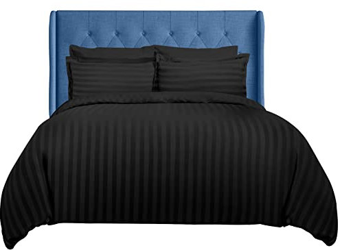 Linens World Satin Stripes Microfiber Bedding Double Bed Set - Hypoallergenic Bedding & Linen, Soft & Breathable Double Bedding Set-Washable & Anti-Wrinkle Duvet Cover (Black)
