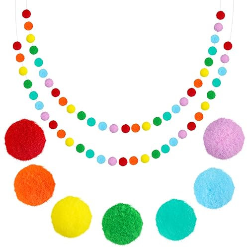 Fowecelt Pompom Felt Balls Garland - 2pcs Pom Pom Garland with Colored Ball, Wool Felt Ball Bunting for Bedroom, Rainbow Ball Garland for Wall Hanging Ornament Birthday Wedding Decoration, 2.5m