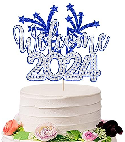 Sodasos Welcome 2024 Cake Topper, Happy New Year 2024 Party Supplies, Happy New Year Cake Topper, Silvester, Weihnachten, Happy Holidays Party Dekorationen (Silber und Blau 4)
