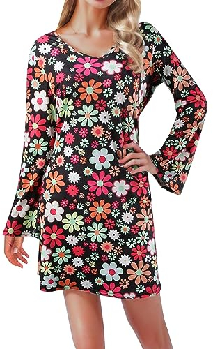 Fulidngzg 2023 2 Stück Hippie Kostüm Damen Set,60 er 70er Jahre Bekleidung Hippie Frau, Kleid Disco Outfit Faschingskostüm Mädchen für Karneval Party