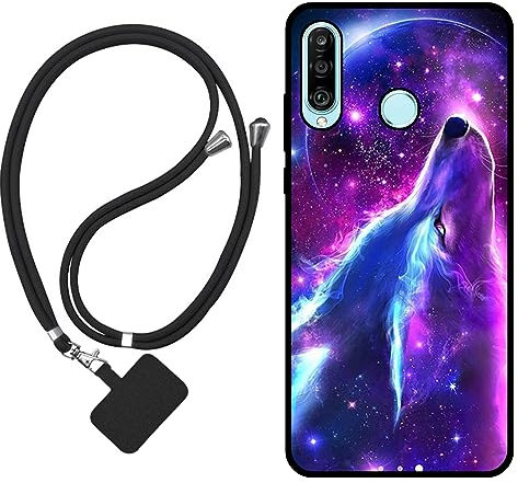 Sunrive Hülle Kompatibel mit Huawei P30 lite Case,matt Handyhülle Schutzhülle Etui Karikatur Muster TPU Backcover (Wolf,Mond,Sterne) +1x Universale Handykette MEHRWEG