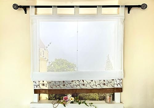 Devola Raffrollo mit Schlaufen Voile Raffrollo Raffgardinen Modern Wohnzimmer Transparent Gardinen mit Stickerei Schlaufenrollo Küche HxB 140x120cm Kaffee 1 Stück
