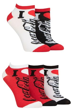 Coca-Cola Femme Amour Doublures de chaussures - Sous licence officielle Amusant Nouveauté Logo Modèle Femme Short Trainer Chaussettes 5 Paire Emballage multiple Taille 37-42 Rouge/Blanc/Noir
