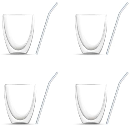 BEM 8-er Gläser Set: 4 x 330 ml Doppelwandige Cappuccino Eiscafe Kaffeegläser Teegläser, Kaffeetassen und Teetassen Set, für heiße und kalte Getränke, Borosilikatgläser und 4 x Glasstrohhalme