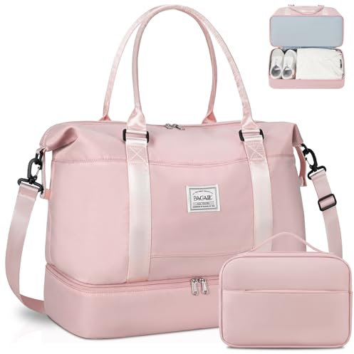 BAGAIL Reisetasche, Weekender Bag für Damen, Overnight Gym Carry On Tote Bag mit Nasstasche, Krankenhaus-Mom-Tasche für Arbeit und Lieferung, Ee Rosa, 2 Teile (Reisetasche + Kulturbeutel)
