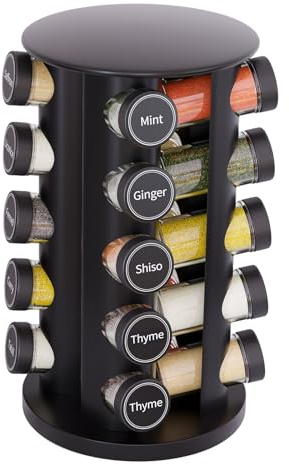 New England Stories Revolving Spice Rack Set with 20 Spice Jars, Kitchen Spice Tower Organizer for Countertop or Cabinet - Carousel Storage Includes 386 Spice Labels (Silver), SR-WR-20-HS