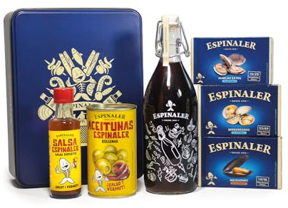 Espinaler Pack Regalo Gourmet - Lote Surtido de Vermut, Aperitivos y Mariscos - Cesta Regalo Ideal para Cocina y Celebraciones - Experiencia Fornells