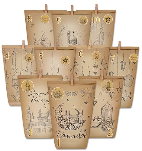 DPKOW 30 Ramadan Adventskalender zum Befüllen, Ramadan DIY Kalender Geschenktüten Set Countdown für Eid al-Fitr, mit 1–30 Zahlen Aufklebern, Clips, Seil, Ramadan Kalender Befüllt für Kinder Erwachsene