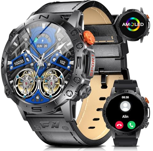 ESFOE Smartwatch Herren, 126+ Sportmodi Outdoor Militär Sportuhr 1.43 Zoll AMOLED 460mAh 5ATM Wasserdicht mit Herzfrequenzmonitor SpO2 Schlafmonitor Android iOS Leder Schwarz