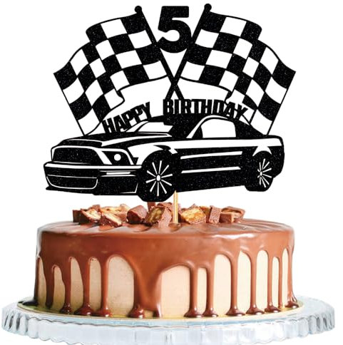 WRACKKIAR Car Cake Topper-Car 5th Birthday Cake Topper-Boy Girl Happy Birthday Party Supplies-Racing Car Checkered Flag-Glitter Race Car Cake Topper Happy Birthday Theme Cake Decor (5h)