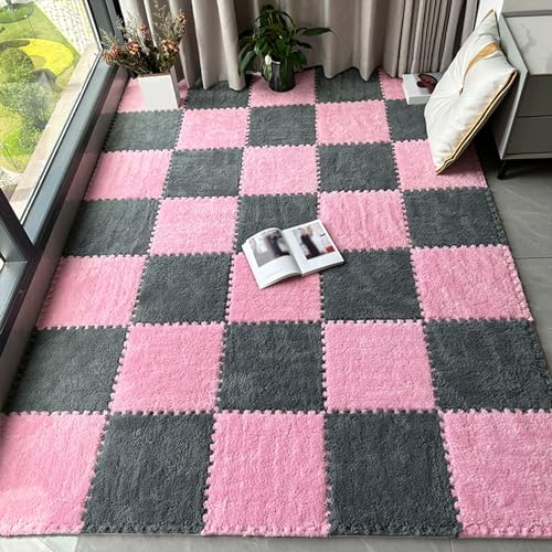 24 Teile Quadratische Plüsch -Puzzle -Schaumbodenmatte, Ineinandergreifende Playmat -Schaummatten, Teppichfliesen, Teppich Für Das Heim -Fitnessstudio, 1x1 Fuß(Size:0.23 inch,Color:Rosa+Grau)