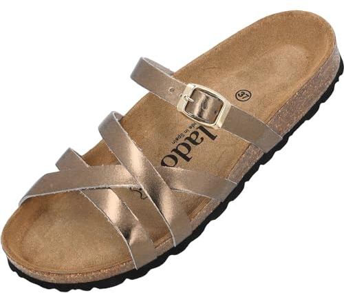 Palado Damen Pantoletten Cruisi Premium Leather - bequeme Sandalen Made in Spain - Hausschuhe mit Kork-Fußbett - elegante Sommerschuhe Bronze Metallic UK7 - EU40