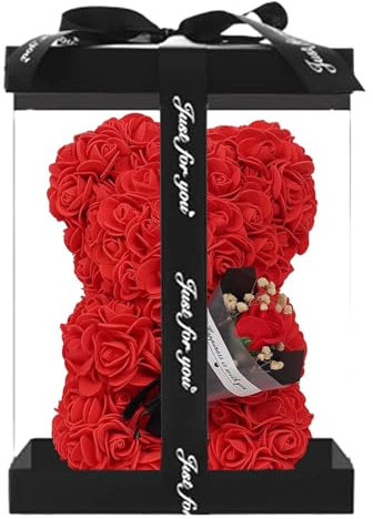 Ours à fleurs roses | Ours à dents | 24 cm mignon ourson à fleurs avec boîte transparente | Bouquet d'ours à dents | Ours en pétales de - Cadeau romantique pour décoration d'intérieur