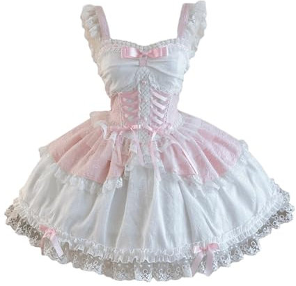 Lolita Robe courte sans manches avec nœud en dentelle à volants pour cocktail, Halloween, cosplay, fête juniors, Rose, S