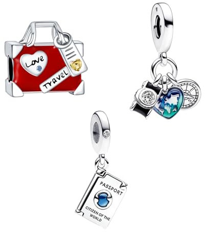 Rimgoris 925 Sterling Silber Charm Damen Armbänder Halskette Koffer Reise Liebe Herz Kamera Kompass Reisepass Bead Charm Damen Armband Charm 3er Pack