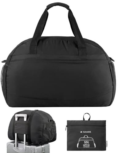 Navaris Faltbare Reisetasche 55L - Reisetasche für das Handgepäck faltbar und leicht - Faltbare Reisetasche 55L groß - faltbares Reisegepäck - Schwarz