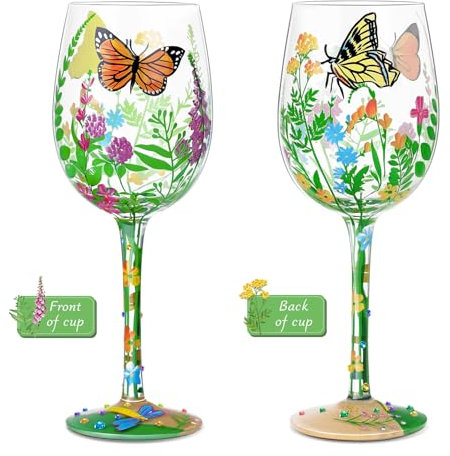 NymphFable Verre à vin peint à la main Fleurs Papillons Verre peint à la main 15oz Cadeau pour ami(e) de la famille Femmes
