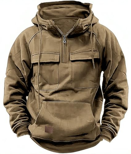 PADOLA Pullover Herren 1/4 Zip Hoodie Cargo Arbeitspullover mit Multi-Taschen Vintage Kapuzenpullover Retro Fleecepullover Langarm Sweatshirt mit Fleece Übergangsjacke Winter