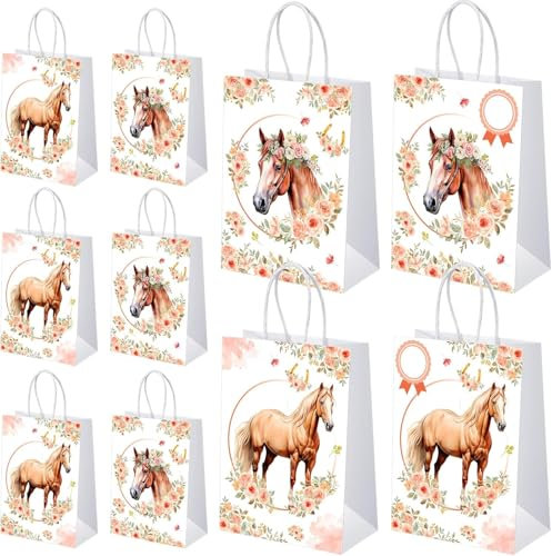 10 Stück Pferde Party Taschen, Pferd Geschenktüten Namensanhänger, Pferde Papiertüten mit Henkel, Pferde Papier Gastgeschenke Tüten Mitgebseltüten, Pferd Geburtstag Geschenktaschen