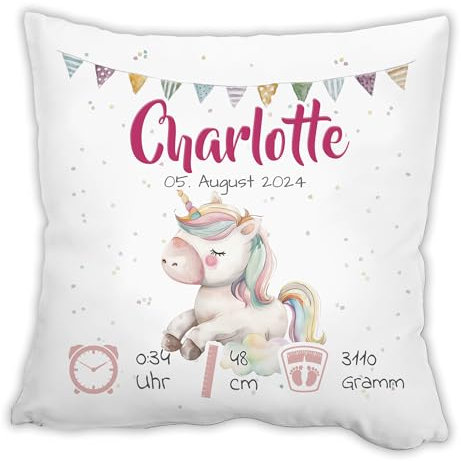 Personalisiertes Kissen zur Geburt | EINHORN | 40x40 cm mit Name, Datum, Gewicht und Uhrzeit, Geschenkidee für Baby erster Geburtstag, Taufe Kinderzimmerdeko Geburtsgeschenk für Mädchen oder Junge