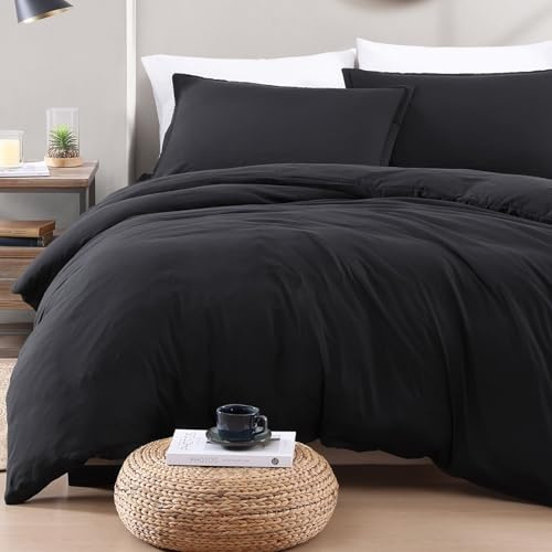 Double Bedding Set Duvet Cover & Fitted Sheet 4 PC, Pre-Washed- Black | Pre-Washed, Quilt Cover Set with Pillowcases, Zipper Closure, OEKO-TEX Certified, Soft Breathable Comfort for Home and Hotels