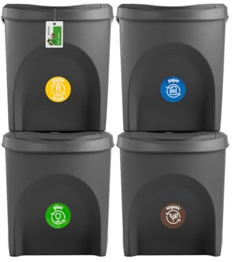 PAFEN SET de poubelles avec système de tri des déchets 4x25L – Ensemble de poubelles avec couvercles et autocollants colorés de recyclage pour la cuisine, le bureau et le ménage, gris