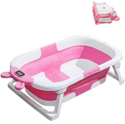 Baignoire pliable pour bébé, avec affichage de la température en temps réel, coussin de natation et drainage, portable, pour nouveau-nés et tout-petits, de 0 à 36 mois, peu encombrante (rose sans