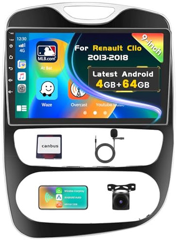 Inefala Upgrade 4G+64G Autoradio Android 15 per Renault Clio 2013-2018, 10 Touchscreen Wireless CarPlay Android Auto GPS WiFi RDS DSP MIC Retrocamera