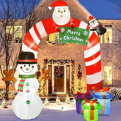 GUDELAK 244 cm Weihnachtsbogen Aufblasbare Weihnachtsdeko Außen, Weihnachtsmann und Schneemann Aufblasbar mit LED Leuchten, Weihnachtsdeko Aufblasbar mit Geschenke Weihnachten für Hof Rasen Garten