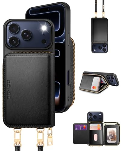 OCASE für iPhone 17 Pro Hülle mit Band,Geldbörse Handyülle RFID-Blockierung PU-Leder, Kartenfächern und Handgelenkband Handykette Kompatibel für iPhone 17 Pro Schwarz 6,3”