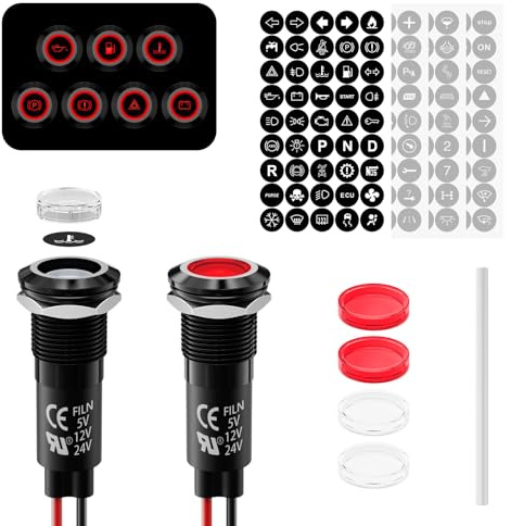 FILN 2PCS LED Metal Indicator Lights, Includes 180 Replacement Symbols 12V 24V 12mm Mounting Holes IP67 Waterproof Pilot Lights for DIY,Car, Boat, Motorcycle Dashboard Indicator Lights(Red LED Light)