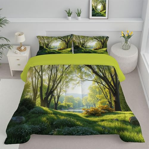 SMBHIAON Trapunta Piazza E Mezza, Con Sole Motivo Erba, Trapunta 4 Stagioni,Paesaggio Forestale, Piumone Verde Oliva, Letto 240X220Cm Federa, Reversibile Piumino Senza Copertina