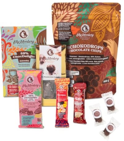 Elly Momberg Gourmet-Geschenk-Set M, 9-teilig vegane Schokolade, Pralinen, Snackbox ohne Zuckerzusatz, Geschenkbox mit Schokodrops, Marzipan, Keto DARK, BIO Konfekt, 780 g