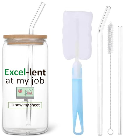 Funny Mug for Work Colleagues, Excel-Lent at My Job I Know My Sheet Glass Iced Coffee Cup 16oz, Funny Office Gifts for Boss Accountant, Work Bestie Gifts for Women with Lid Straw