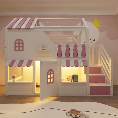 TOBIDOEN Kinder Etagenbett 90x200 cm, Hausförmiges Design mit Dach, Fenstern und Tür, Stauraumtreppe, LE/D Rendering und Regalen, Sichere Geländer und Holzgestell, ohne Matratze (Weiß + Rosa)