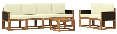 vidaXL Outdoor-Sofagarnitur mit Kissen 6 pcs Natur und Creme, Moderne Outdoor-Sofagarnitur, robuste Eckcouch, stylisches Gartenmöbel, Akazienholz, Bequeme Sitzplätze